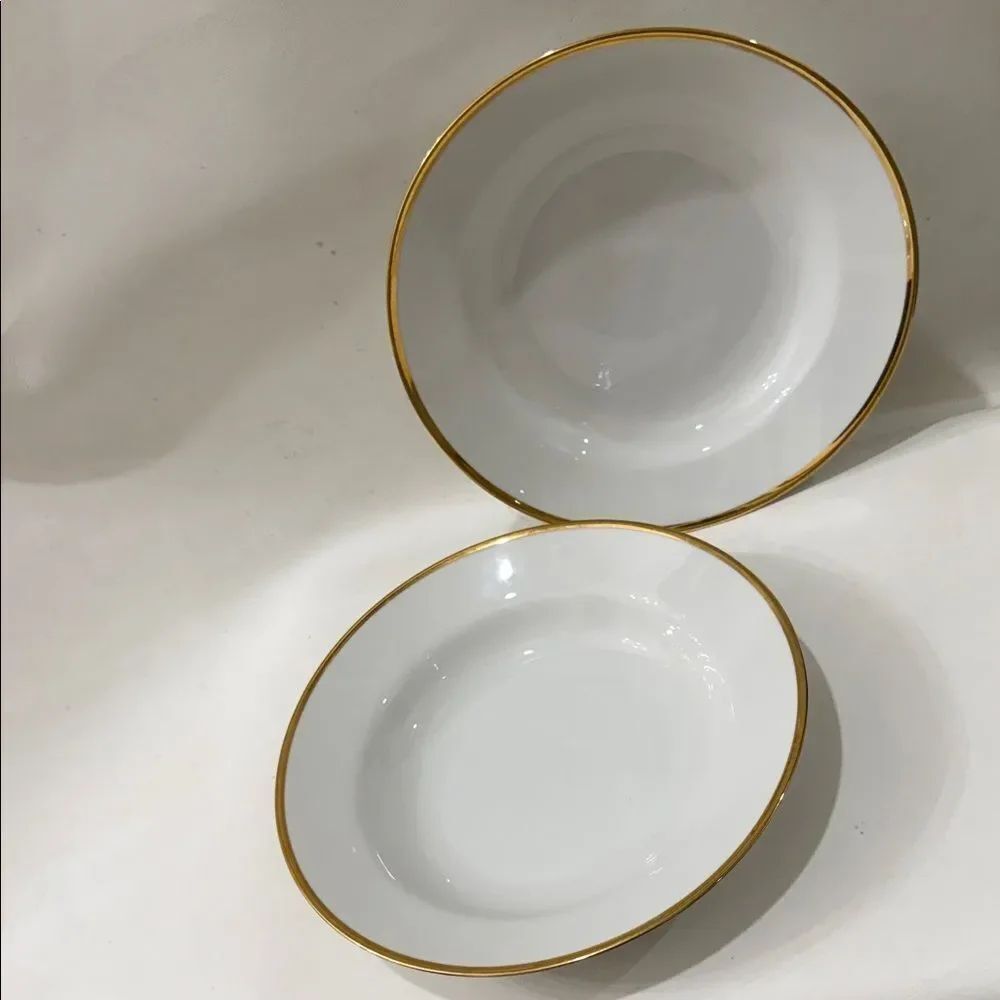 Cost Plus World Market White Porcelain 2 Bowls Gold Accent 9 In Round Set 2